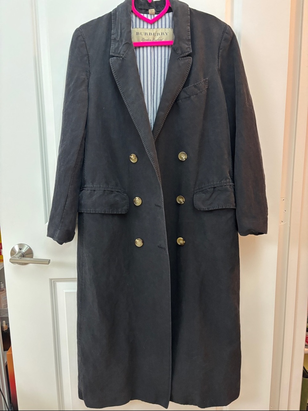 Burberry Charcoal Double-Breasted Trench Coat with Gold Buttons